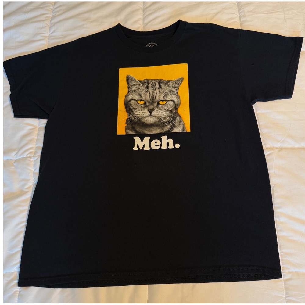 DOM Graphic Tee Mens Large Black Excellent Meh Grumpy Cat Short Sleeve T-Shirt